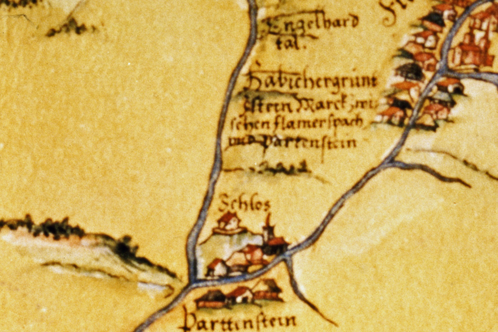 Darstellung der Burg Bartenstein ("Schlos") auf der Pfinzing-Karte von 1594 (StA Nürnberg)