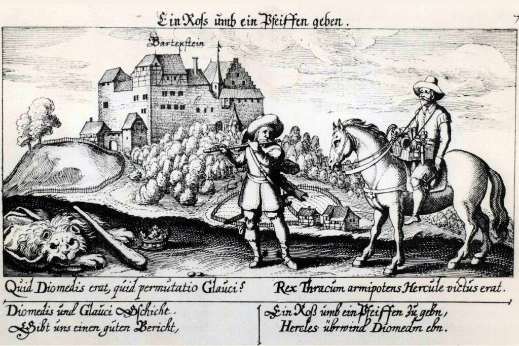 Ansicht der Burg Bartenstein auf einem Kupferstich in Daniel Meißners „Sciographia cosmica“ von 1623