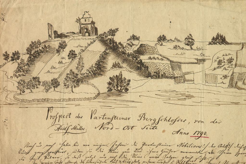 Ansicht der Ruine der Burg Bartenstein auf dem Prospekt von 1790 (Partenstein, Museum Ahler Kram)