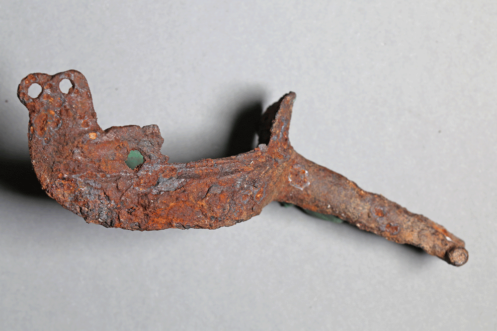 Fragment einer Radspore von der Burg Bartenstein, 15/16. Jh., ca., Partenstein, Museum Ahler Kram, Fd. Nr. 1952, H. 4,3 cm, Br. 12,6 cm