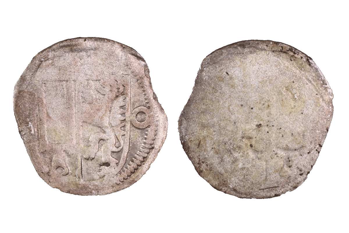 Einseitiger Pfennig aus Schwarzburg-Blankenburg (Thüringen) aus Silber von der Burg Bartenstein, Museum Ahler Kram, 1520, Fd.-Nr. 2253, H. 1,4 cm, Br. 1,32 cm