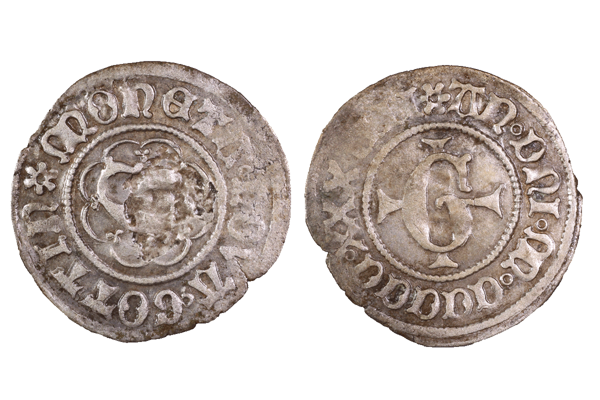 Körtling (1/84 Taler) aus Göttingen aus Silber von der Burg Bartenstein, Museum Ahler Kram, 1538 (?), Fd.-Nr. 2587, H. 2,06 cm, Br. 2,0 cm