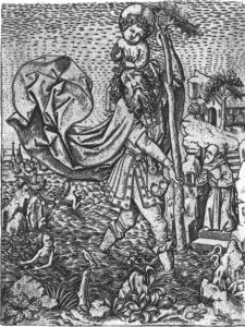 Christophorus mit dem Jesuskind. Kupferstich des Meister E. S., um 1480 (aus Appuhn 1989, Abb. 143)