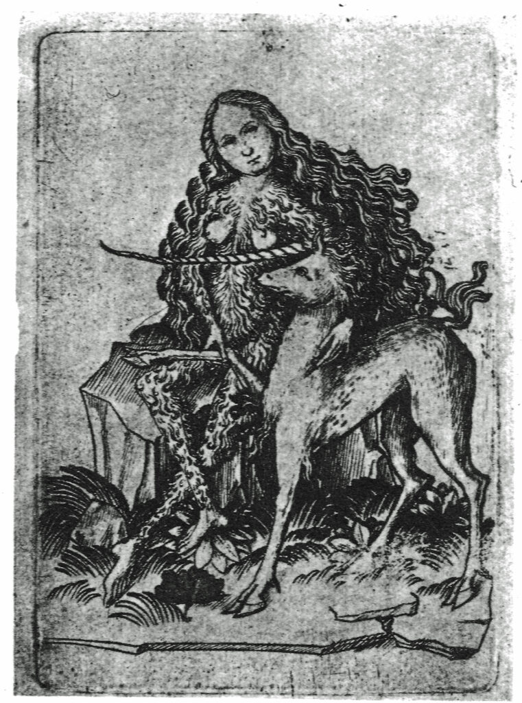 Die wilde Frau mit dem Einhorn aus dem „Kleinen Kartenspiel“ des Meister E. S., Kupferstich, um 1480 (aus Schuler, Alfred, Franzen, Denis/Franzen. Josef 2009, Abb. 245)