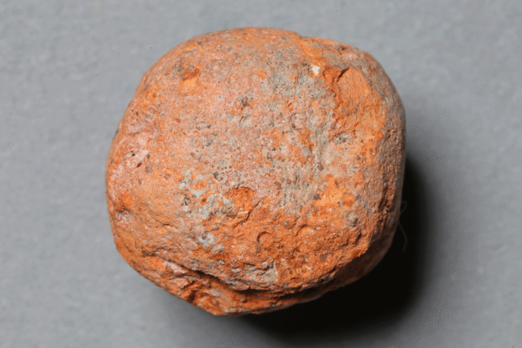 Murmel aus Ziegel von der Burg Bartenstein, Partenstein,  15./16. Jh., Museum Ahler Kram, Fd. Nr. 2622, H. 2,2 cm, Br. 2,1 cm T. 1,96 cm