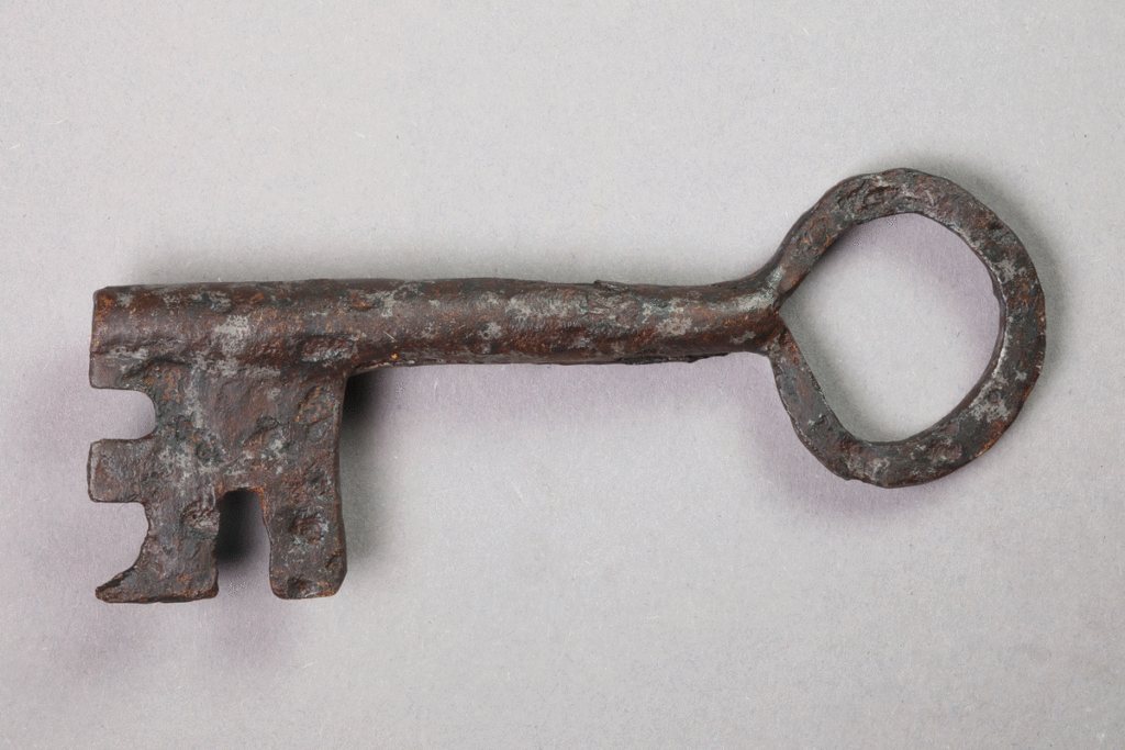 Schlüssel mit Bart aus Eisen von der Burg Bartenstein, Partenstein, 16. Jh., Museum Ahler Kram, Fd. Nr. 3110, H. 6,8 cm, Br. 13,0 cm