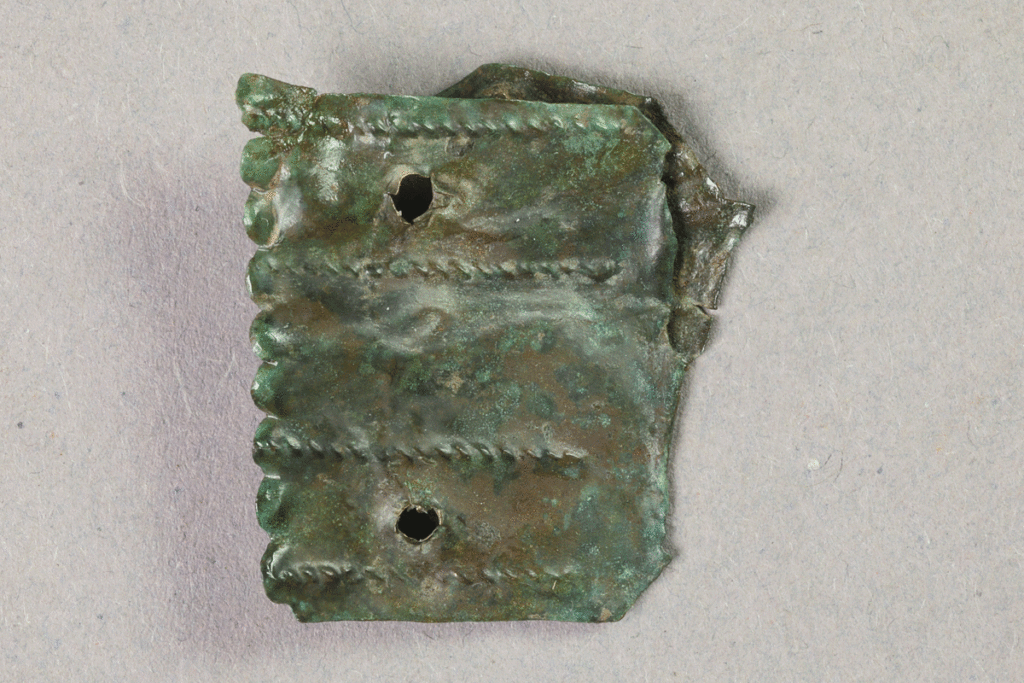 Fragment eines Beschlags aus Buntmetall von der Burg Bartenstein, Partenstein, 16. Jh., Museum Ahler Kram, Fd. Nr. 1538, H. 2,6 cm, Br. 2,5 cm