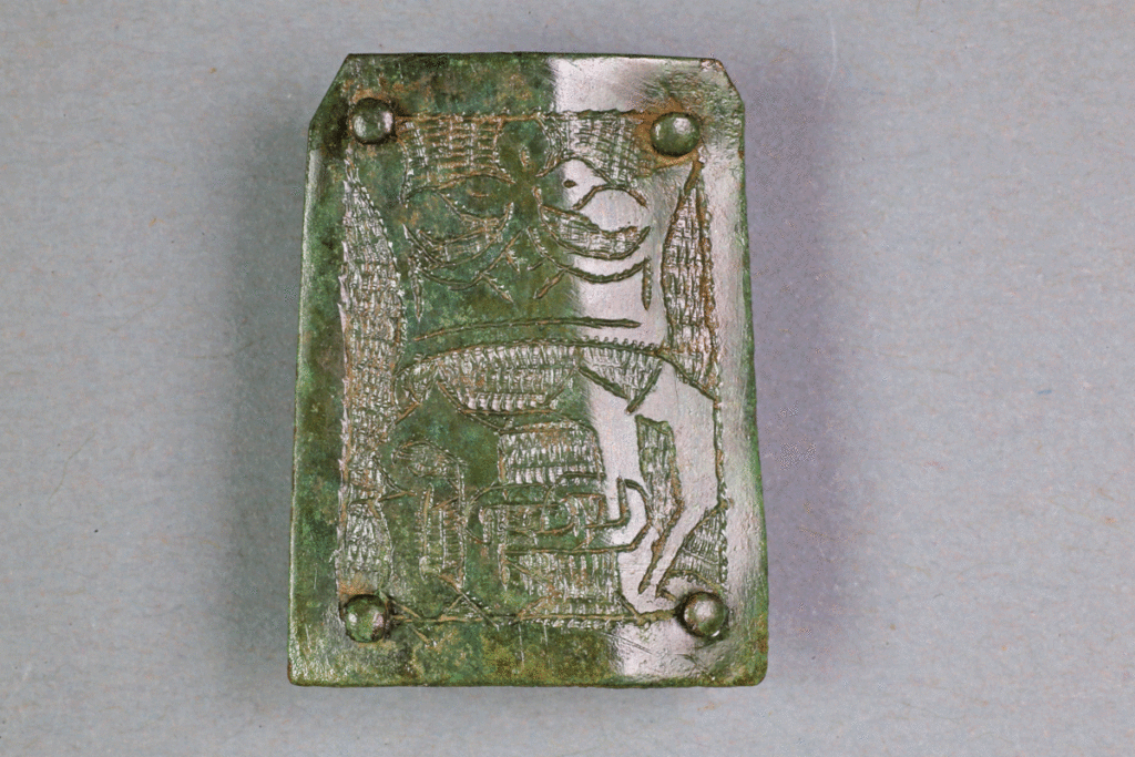 Beschlag aus Buntmetall von der Burg Bartenstein, Partenstein, 15. Jh., Museum Ahler Kram, Fd. Nr. 2301, H. 2,8 cm, Br. 2,2 cm