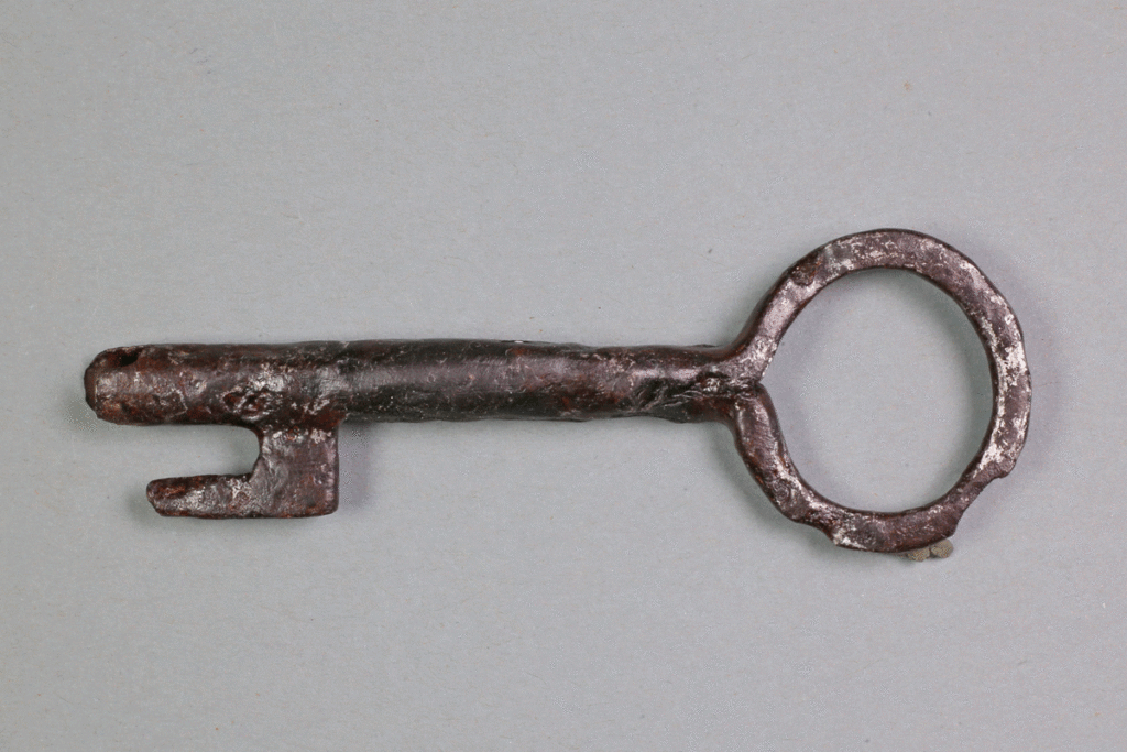 Schlüssel mit Bart aus Eisen von der Burg Bartenstein, Partenstein, 15. Jh., Museum Ahler Kram, Fd. Nr. 2833, H. 3,5 cm, Br. 9,6 cm